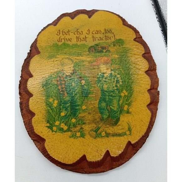 Wintermute Oval Wood Slice Wall Plaque Boys Kids Tractor Truck Farm Country Vtg - Picture 3 of 14